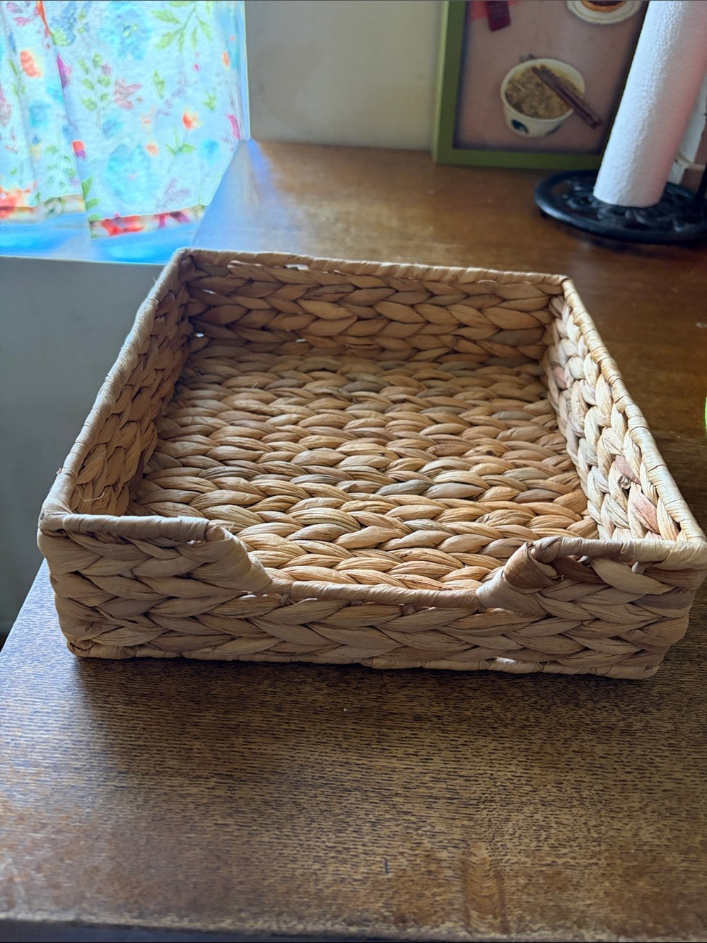 Handwoven Natural Straw Square Tray - Neutral Tan